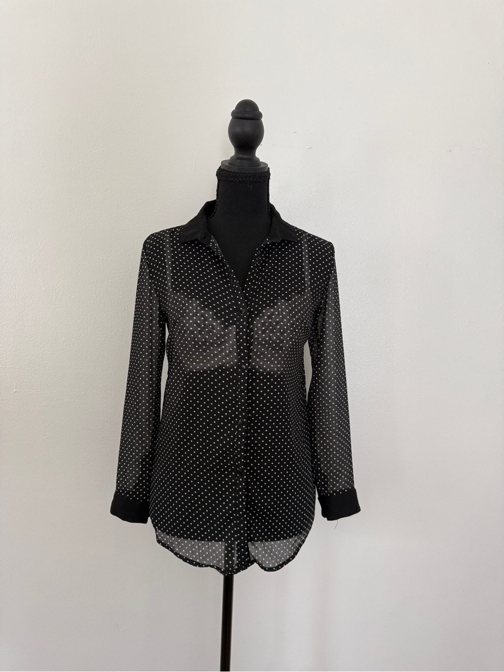 lola Black Sheer Polka Dot Button-Up Blouse